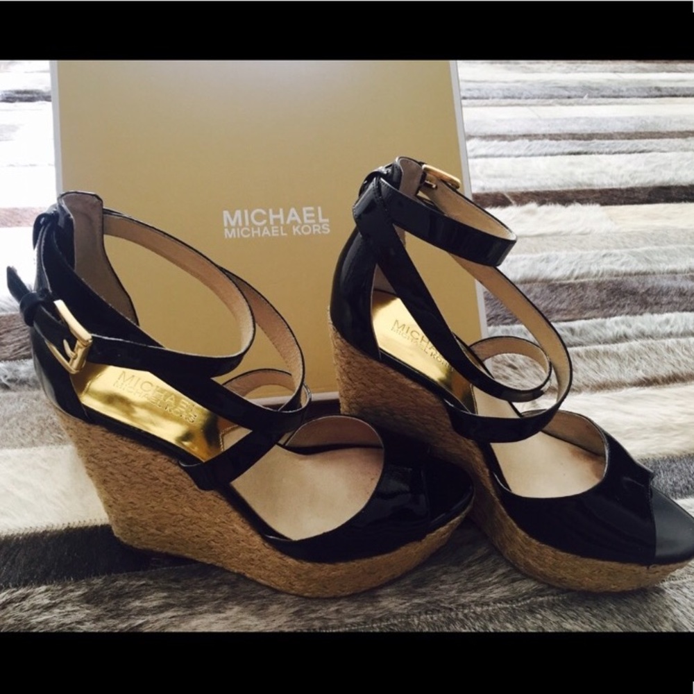 Holly Rope Trim Black Leather Wedge